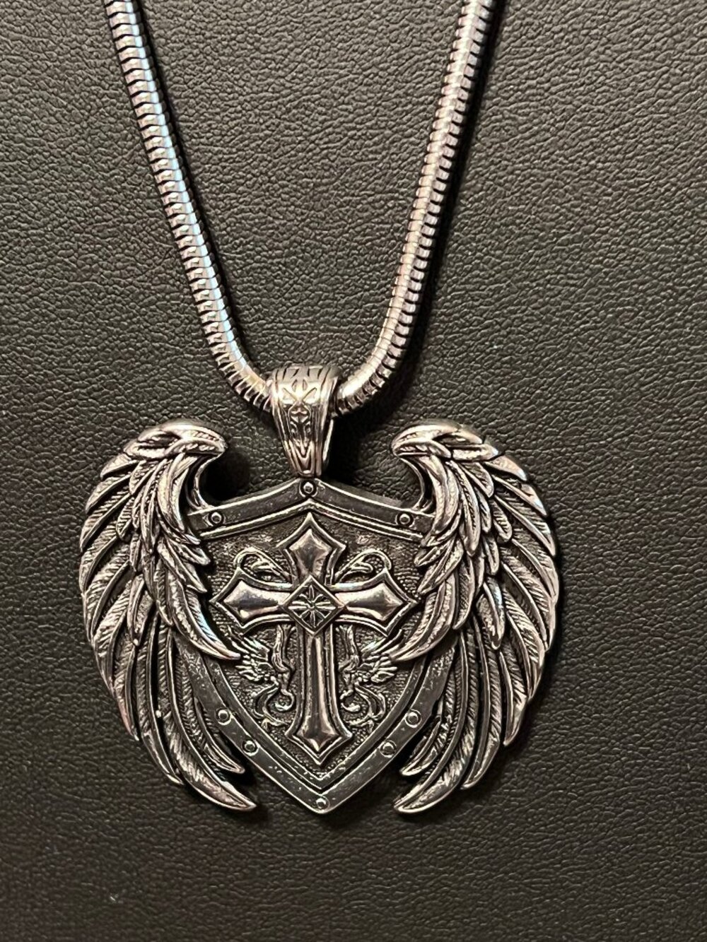 Stainless Steel Winged Shield Cross Motorcycle Pendant Necklace (295)